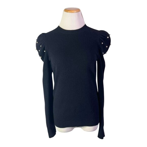 Aqua Cashmere Size S Black Sweater Puff Sleeve Faux Pearl Holiday - Picture 1 of 8